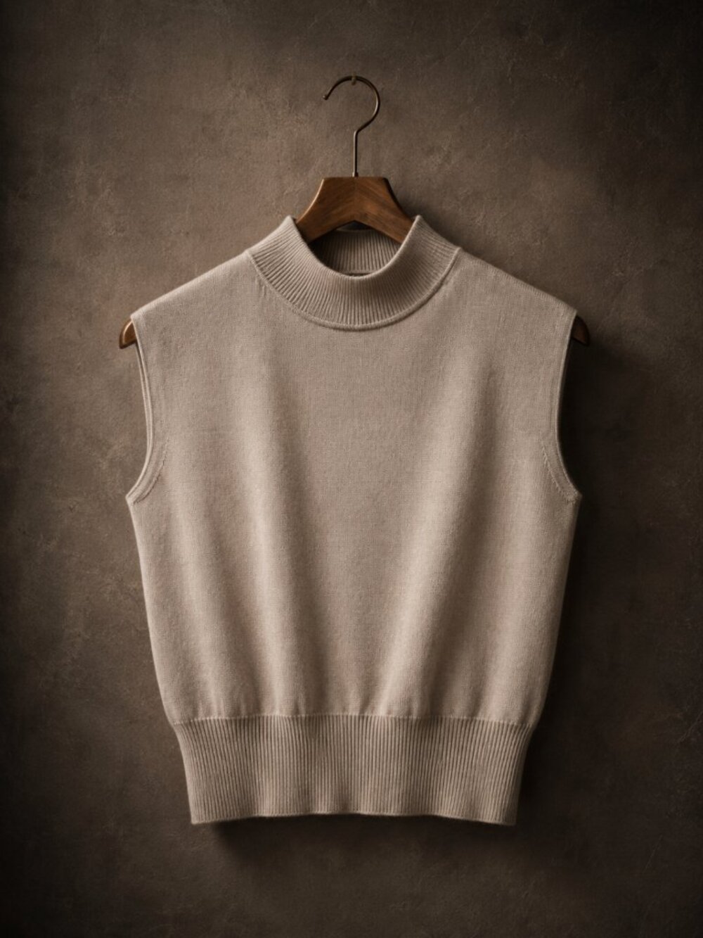 Neutral Minimalist Knit Sweater Vest Beige Sleeveless Ribbed Hem